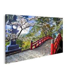 Bild auf Leinwand Sakura-Blüten am japanischen Tempel mit roter Brücke