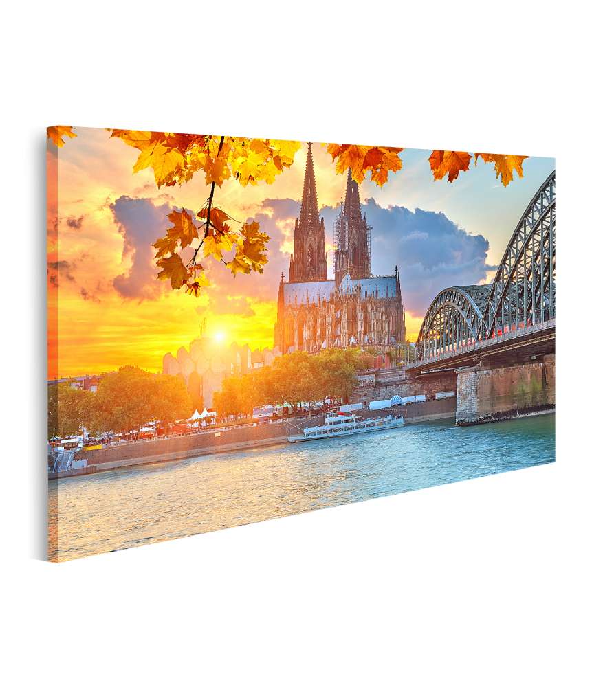 Islandburner Bild auf Leinwand Kölner Skyline bei malerischem Sonnenuntergang als Wandbild