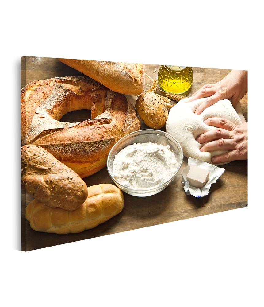 Islandburner Bild auf Leinwand Bäckerei-Wandbild mit Mehl, Teigkneten und Tischszene