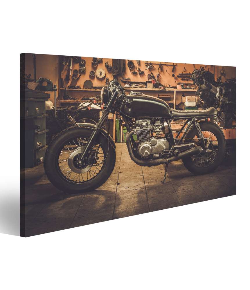 Islandburner Bild auf Leinwand Vintage-Stil Café Racer Motorrad in einer maßgeschneiderten Garage Wandbild