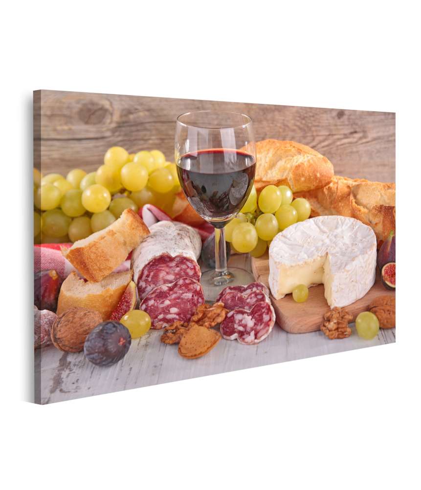 Islandburner Bild auf Leinwand Küchenwandbild mit Darstellung von Wein, Käse, Wurst und Brot