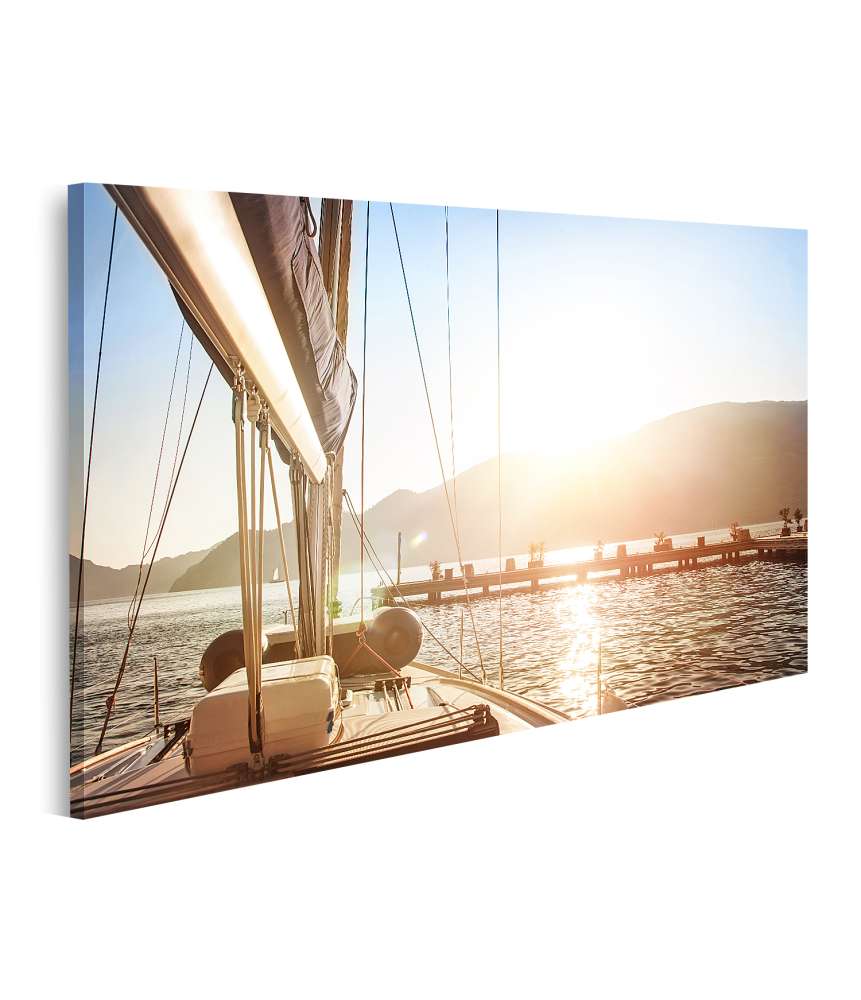 Islandburner Bild auf Leinwand Sonnenuntergang über dem Meer mit Segelboot und Steg-Wandbild