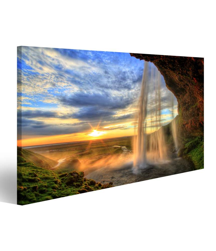 Islandburner Bild auf Leinwand Sonnenuntergang am Seljalandsfoss Wasserfall in Island