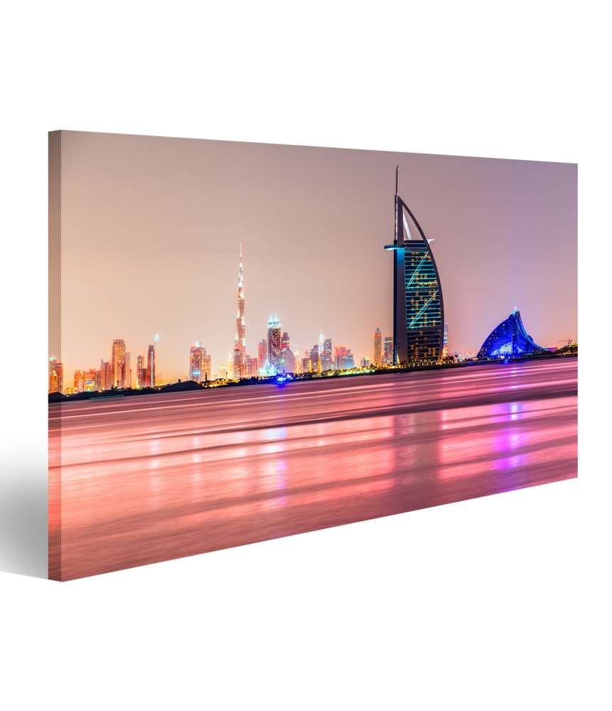 Islandburner Bild auf Leinwand Burj Al Arab Dubai Hotel vor rosafarbenem Himmel und Meer