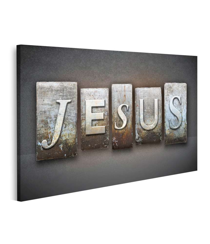 Islandburner Bild auf Leinwand Jesus' Name in Vintage-Typografie auf einem Wandbild im Buchdruck-Stil