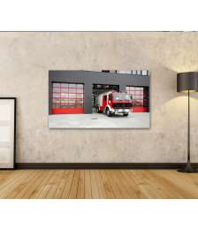 Bild auf Leinwand Feuerwehrfahrzeug vor der Feuerwache im Wandgemälde dargestellt
