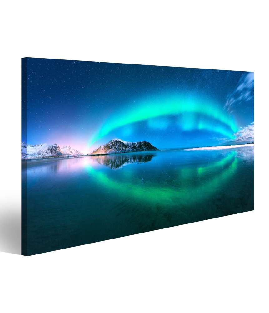 Islandburner Bild auf Leinwand Aurora-Borealis-Spiegelung im Wasser der Lofoten-Inseln, Norwegen