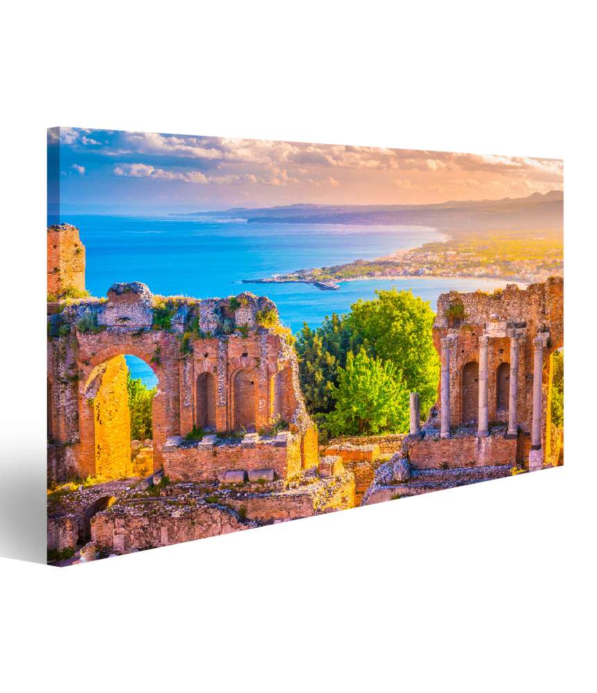 Islandburner Bild auf Leinwand Schönes Reisefoto von Taormina-Theaterruinen bei Sonnenuntergang