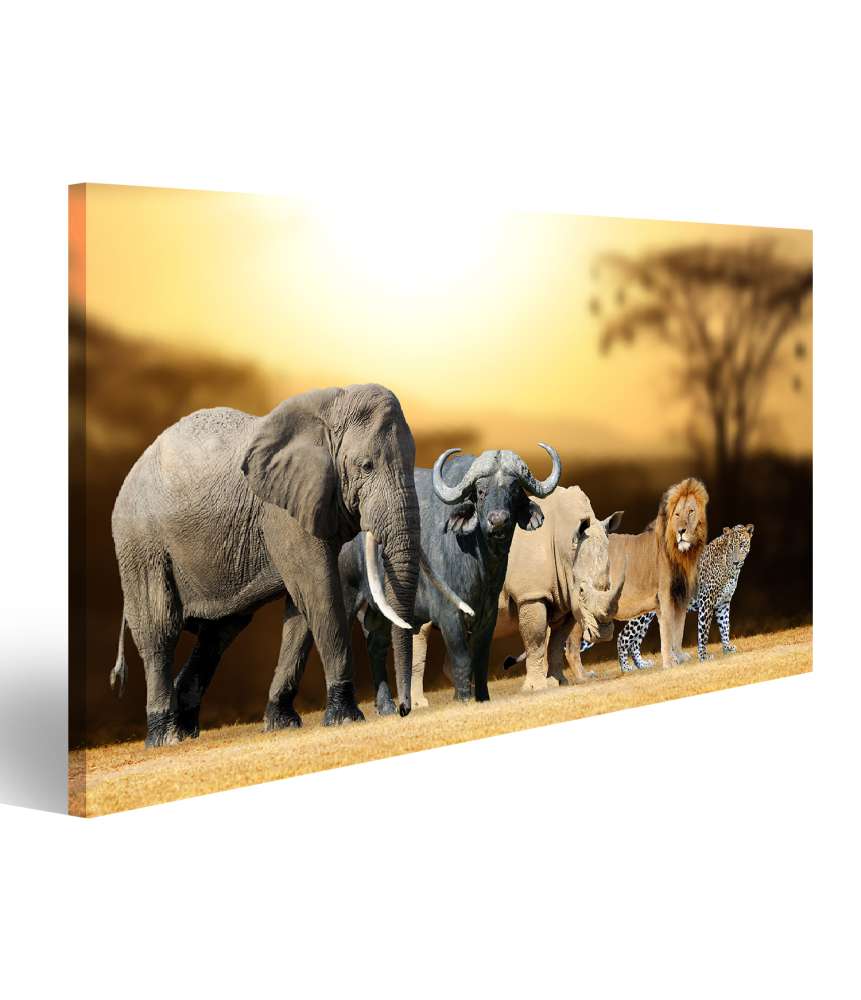 Islandburner Bild auf Leinwand Big Five Afrika-Wandbild für Kinder/Jugendzimmer: Löwe, Elefant, Leopard, Büffel, Nashorn