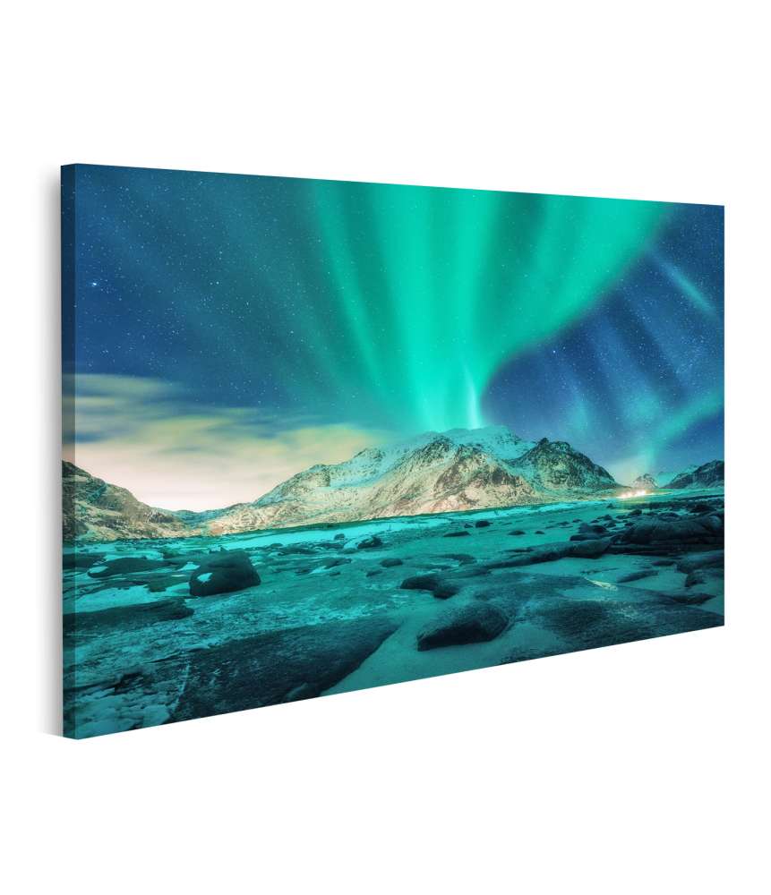 Islandburner Bild auf Leinwand Nordlichter Aurora Borealis auf den Lofoten, Norwegen - Wandbild