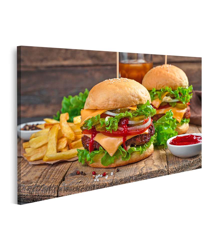 Islandburner Bild auf Leinwand Wandbild von zwei saftigen Burgern mit Pommes und Cola in einem Döner-Laden