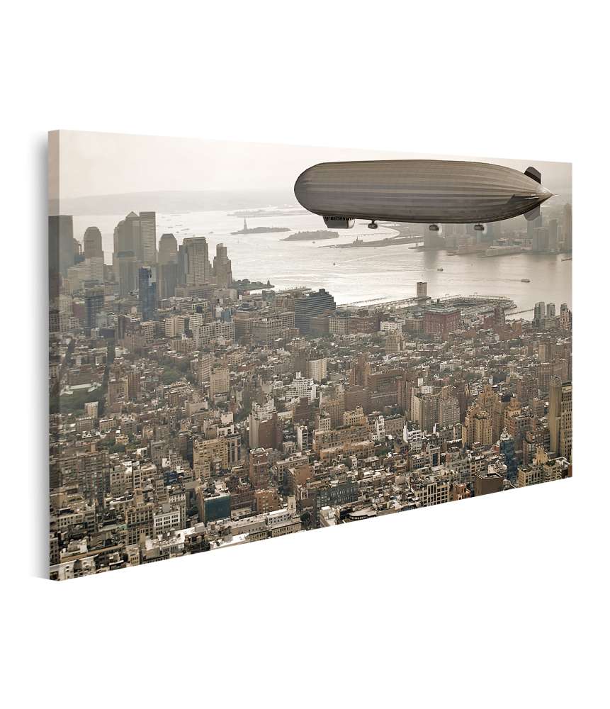 Islandburner Bild auf Leinwand Vintage-Stil Wandbild: Zeppelin schwebt über Manhattan