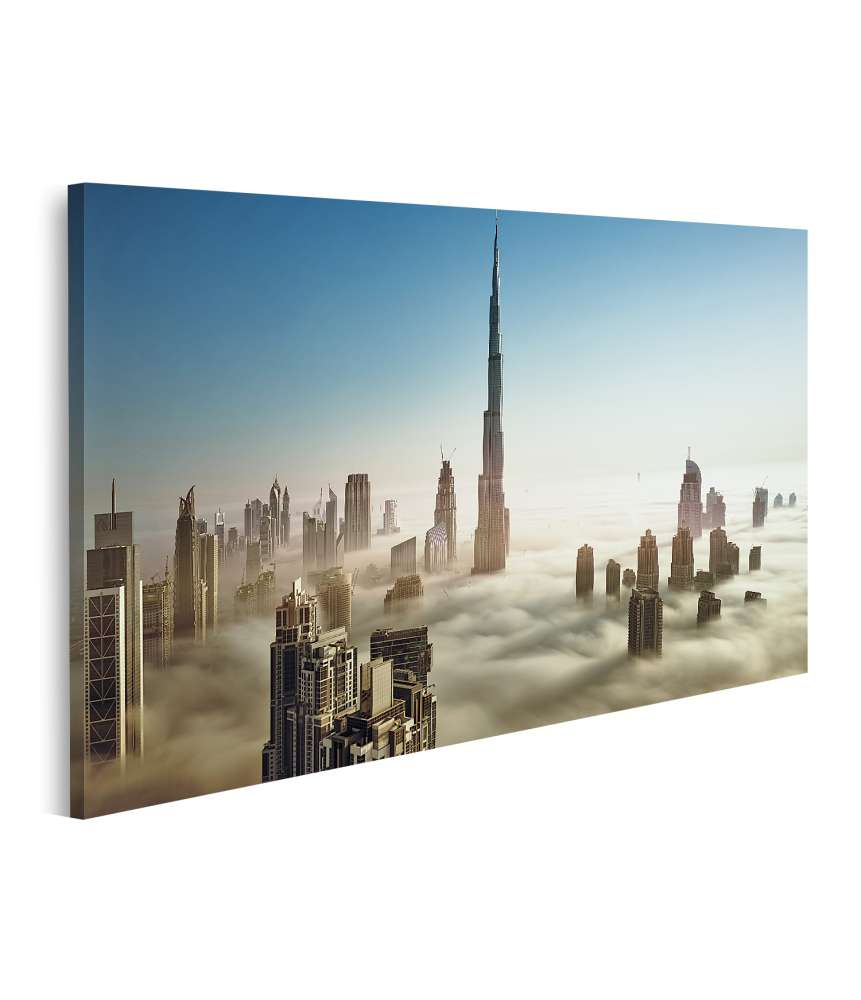 Islandburner Bild auf Leinwand Luftaufnahme von Dubai Stadtansicht im Nebel bei Dämmerung