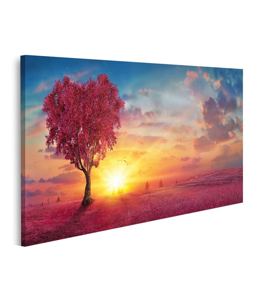 Islandburner Bild auf Leinwand Romantischer Sonnenuntergang mit rotem Herz-Baum in natürlicher Landschaft