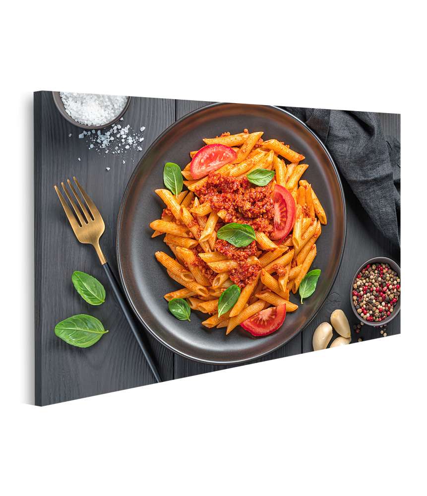 Islandburner Bild auf Leinwand Bolognese-Pasta mit Tomaten und frischem Basilikum - Küchenbild für Restaurants