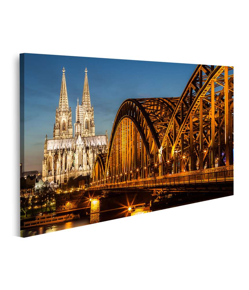 Islandburner Bild auf Leinwand Abenddämmerung am Kölner Dom und Hohenzollernbrücke auf Wandbild