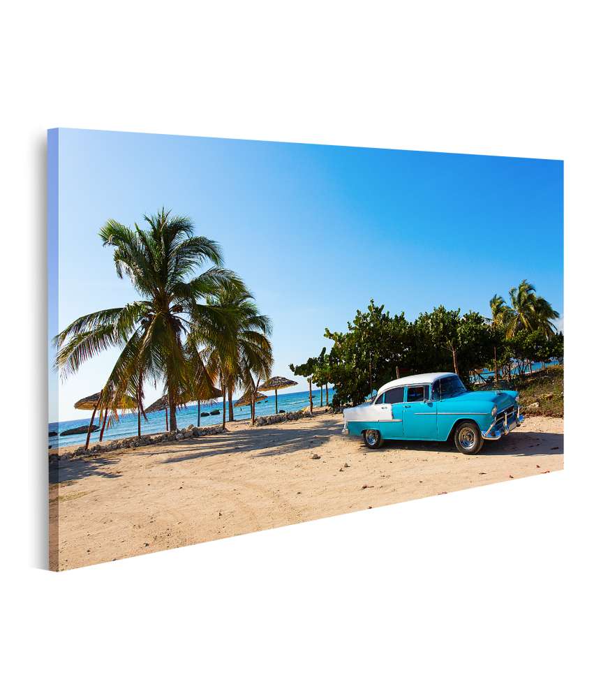 Islandburner Bild auf Leinwand Vintage Oldtimer am malerischen Strand in Kuba als Wandbild