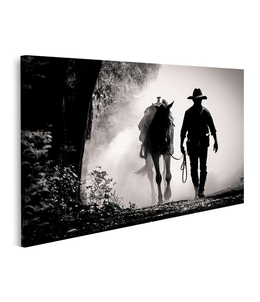 Islandburner Bild auf Leinwand Schwarz-Weiß-Silhouette eines Cowboys auf einem Pferd beim Sonnenaufgang