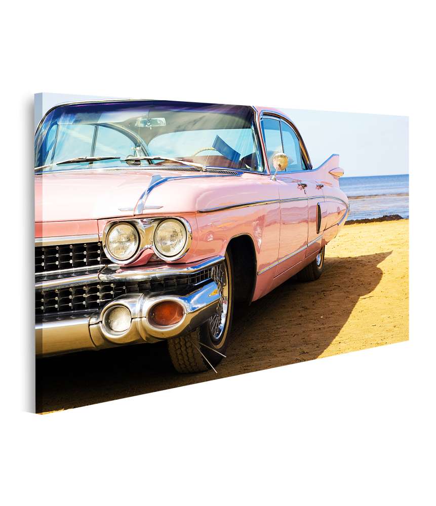 Islandburner Bild auf Leinwand Klassisches Wandbild eines rosa Cadillac am Strand