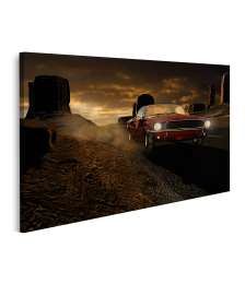 Bild auf Leinwand 1967er Ford Mustang in metallrot vor Monument Valley-Wandbild