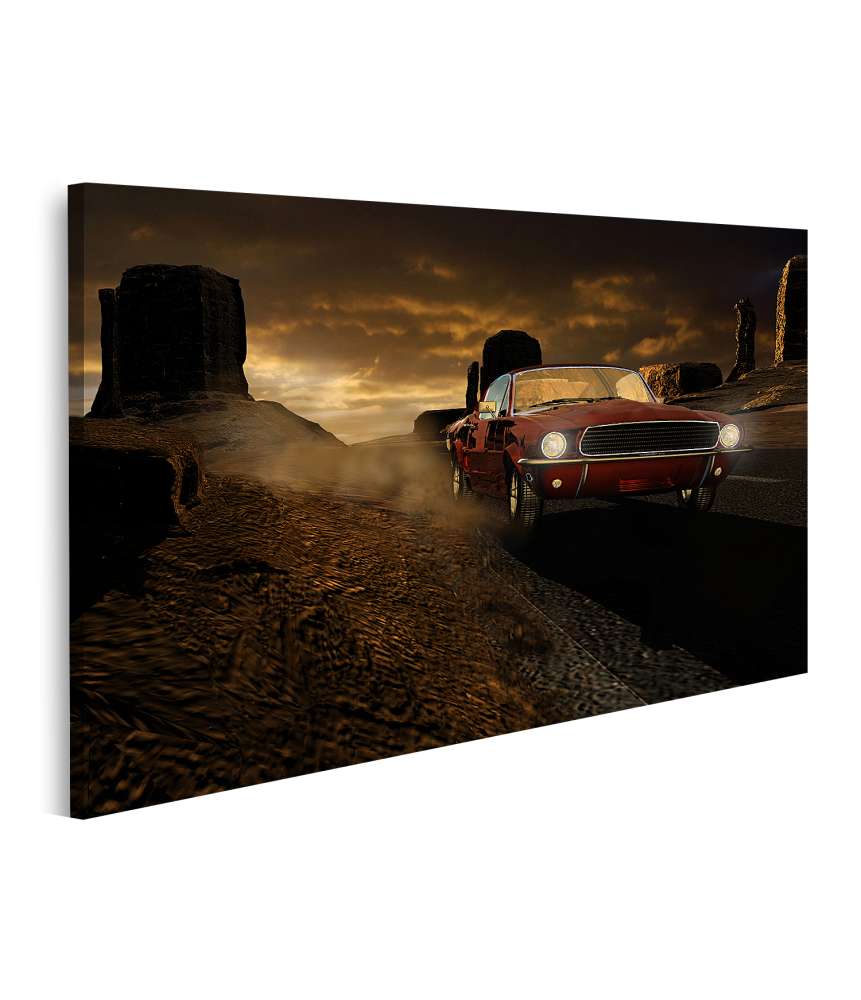 Islandburner Bild auf Leinwand 1967er Ford Mustang in metallrot vor Monument Valley-Wandbild