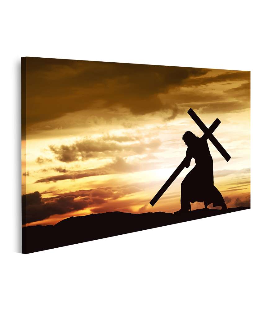 Islandburner Bild auf Leinwand Silhouette von Jesus am Kreuz auf einem Hügel bei Sonnenuntergang