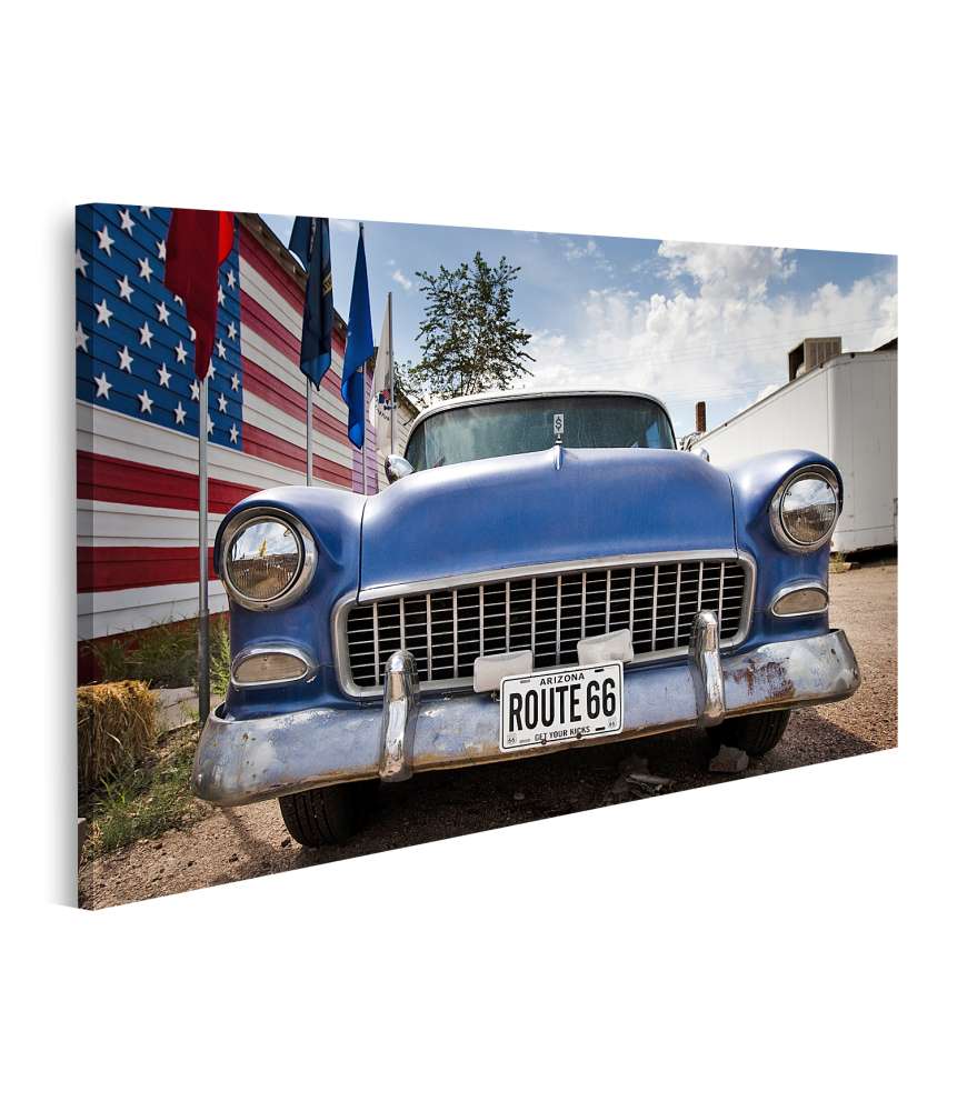 Islandburner Bild auf Leinwand Amerikanische Flagge auf Vintage Auto, Route 66 Wandbild