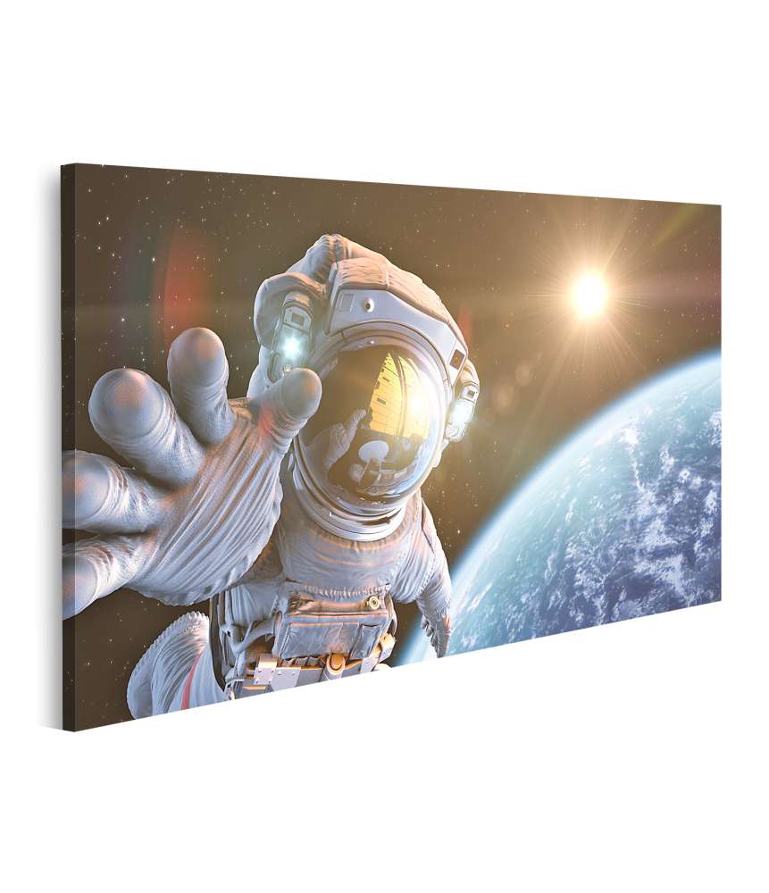 Islandburner Bild auf Leinwand Astronaut im Weltraum mit Blick auf Planet Erde und strahlende Sonne