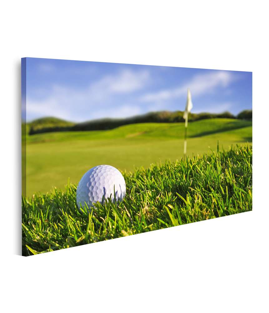 Bild auf Leinwand Detaillierte Darstellung eines Golfballs nahe der Ziel-Flagge