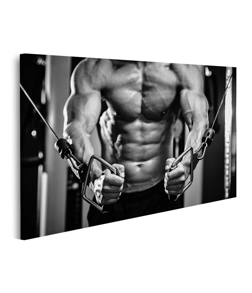 Islandburner Bild auf Leinwand Nahaufnahme eines Bodybuilders im Fitnessstudio, schwarzweiß Darstellung