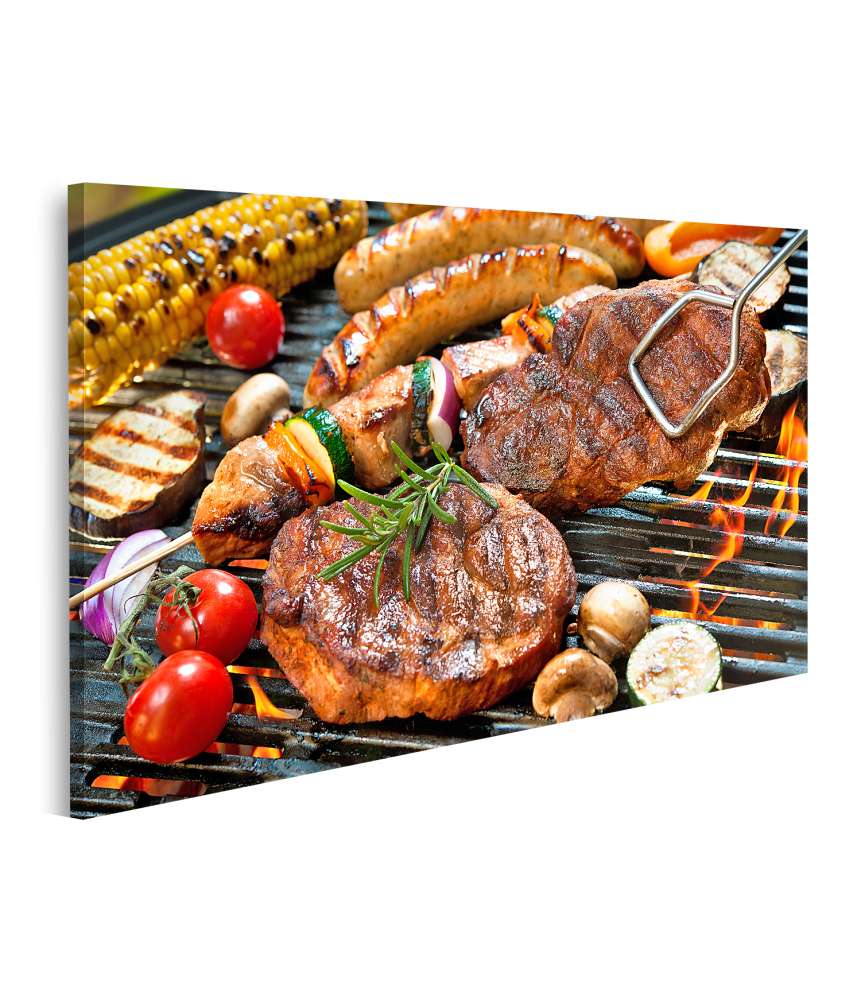 Islandburner Bild auf Leinwand Wandbild zeigt Grillgut: Fleisch, Würste, Gemüse und eine Grillzange