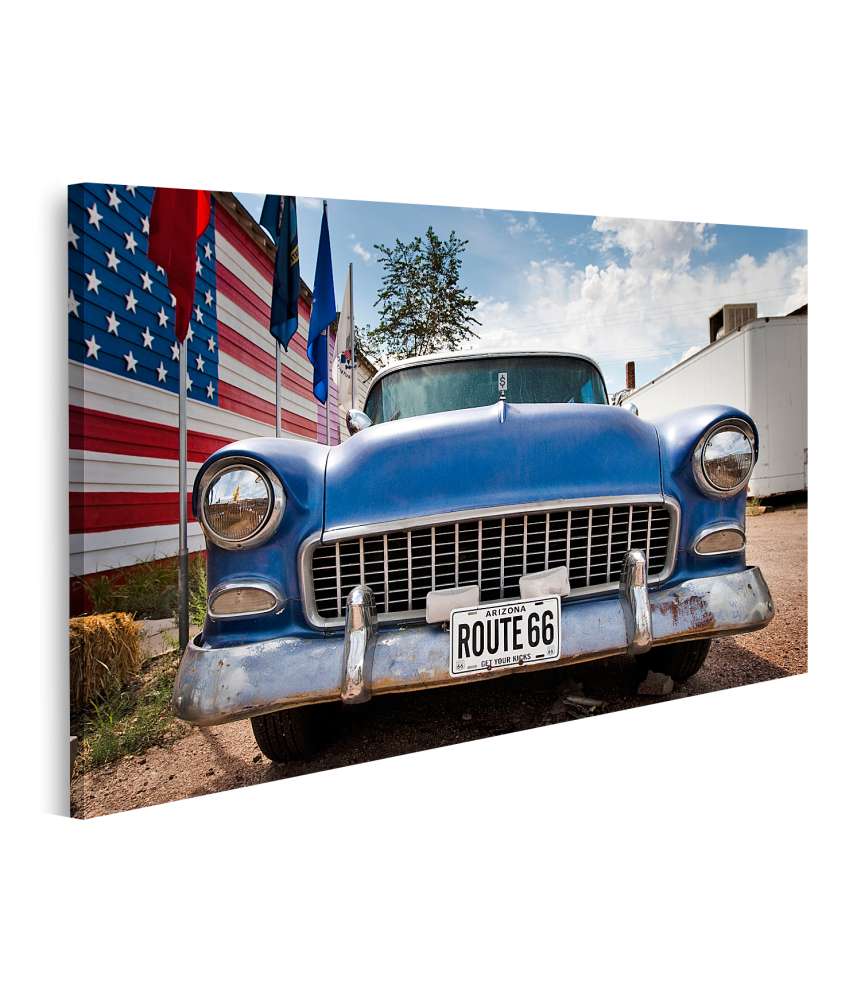 Islandburner Bild auf Leinwand USA-Flagge, Route 66 und amerikanisches Auto Wandbild