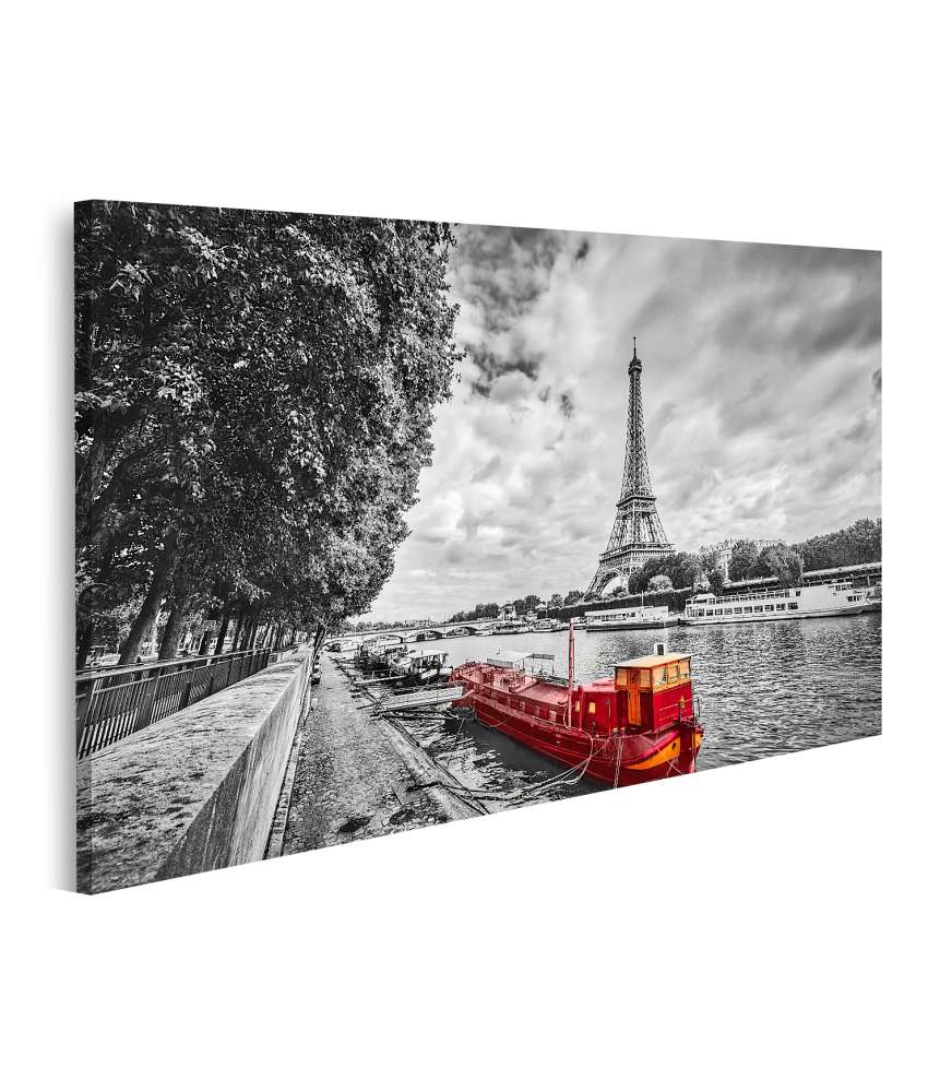 Islandburner Bild auf Leinwand Vintage rotes Touristenschiff auf der Seine, Paris mit Eiffelturm, Frankreich