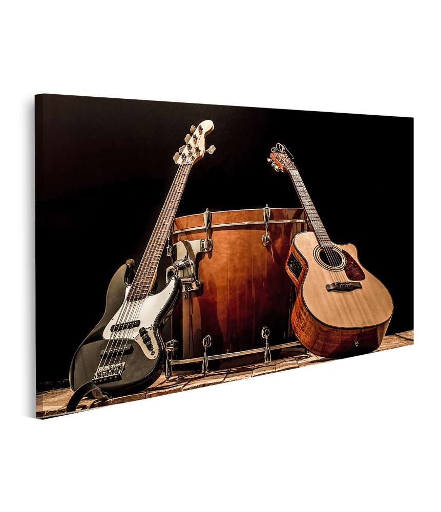 Islandburner Bild auf Leinwand Wandbild mit Musikinstrumenten: Bass Drum, Akustik- und Bassgitarre