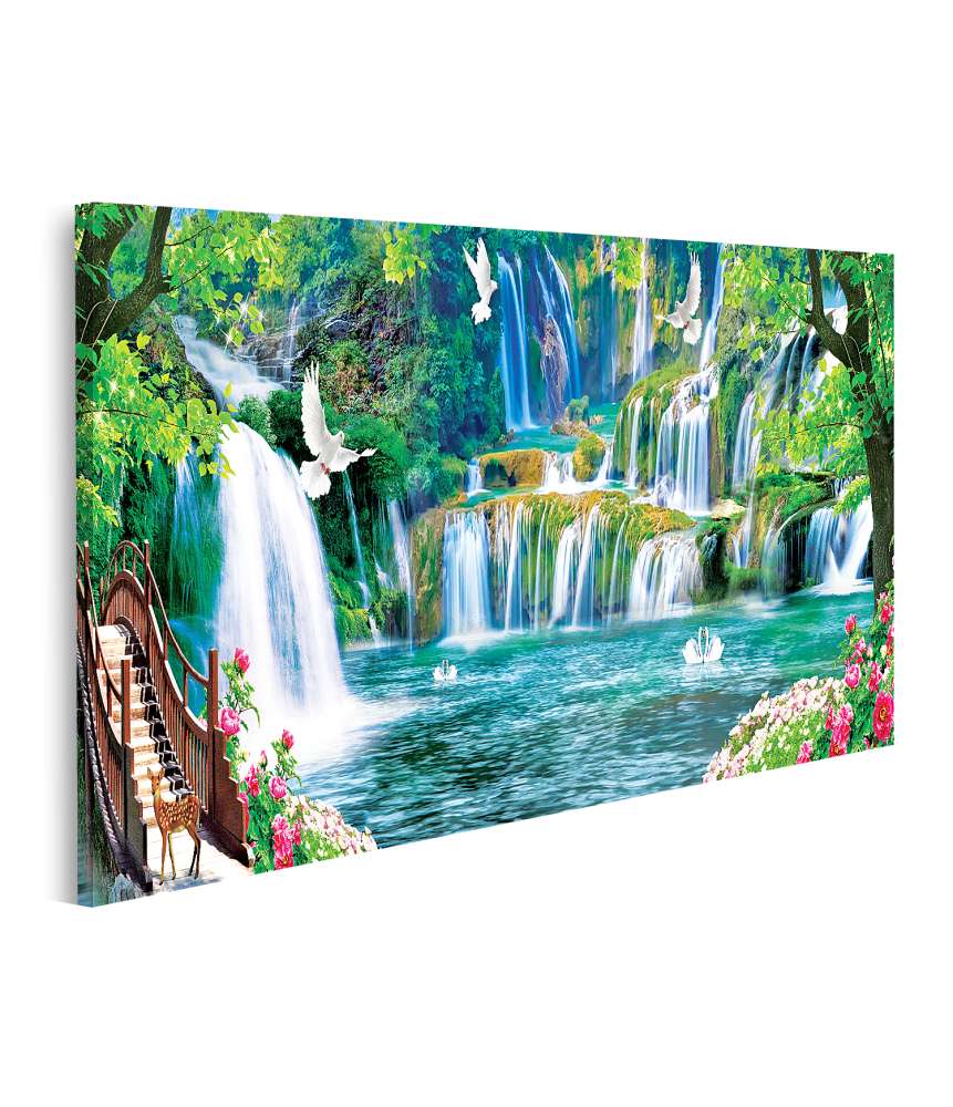 Islandburner Bild auf Leinwand Vibrantes Wandbild: Bunte Landschaft mit Blumen, Bäumen und Wasserfall