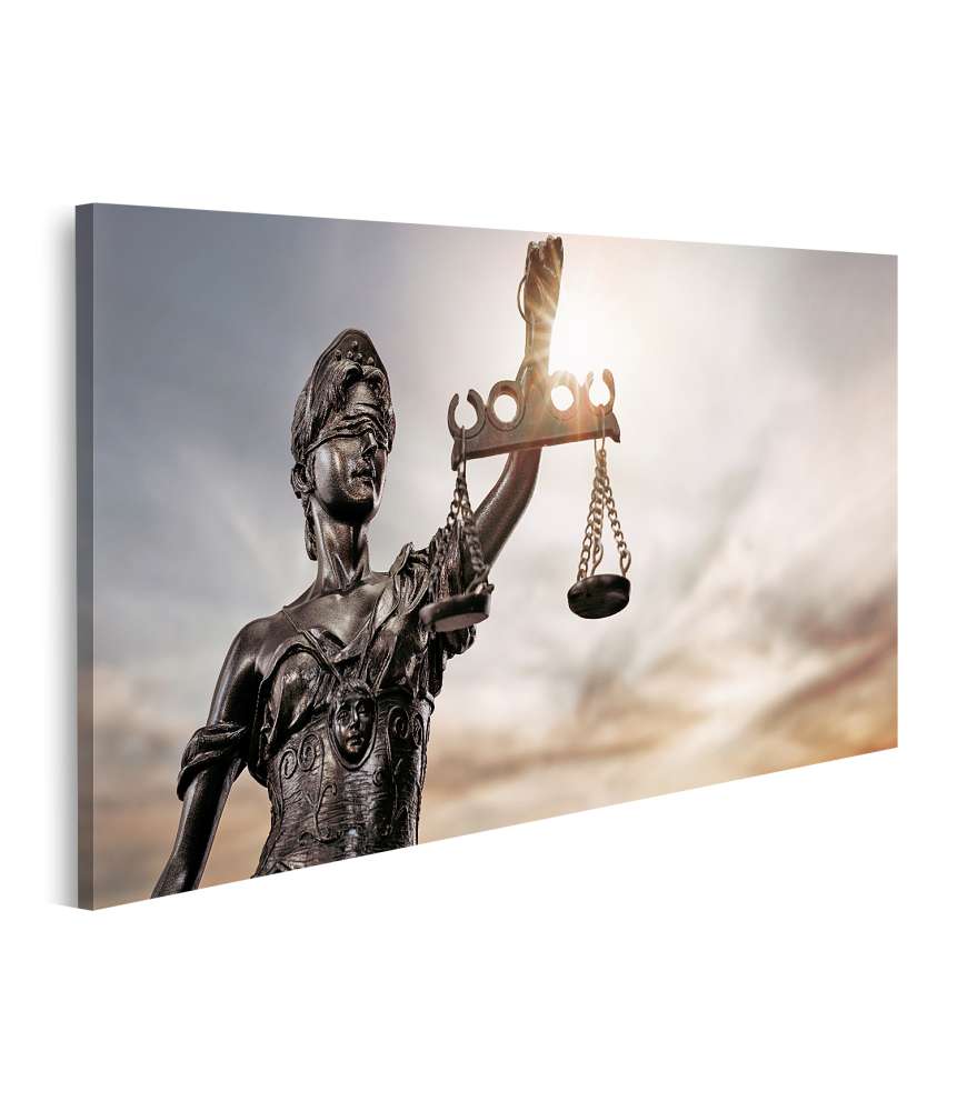 Islandburner Bild auf Leinwand Bronzene Justitia-Figur mit Rechtswaage auf Wandbild