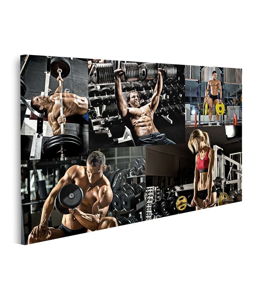 Islandburner Bild auf Leinwand Bodybuilding-Ãbung mit Gewichtspresse in Fitnessstudio-Fotocollage-Wandbild