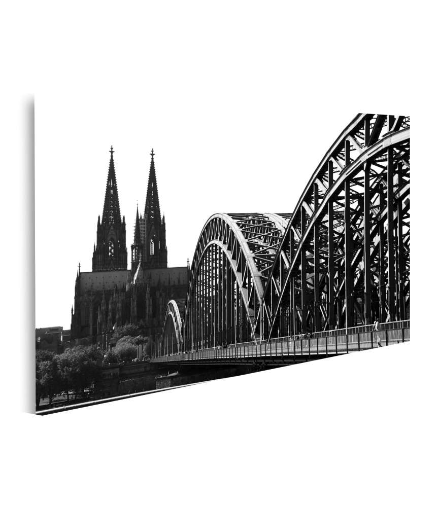 Islandburner Bild auf Leinwand Schwarz-Weiß Wandbild des Kölner Doms mit Brücke in Köln