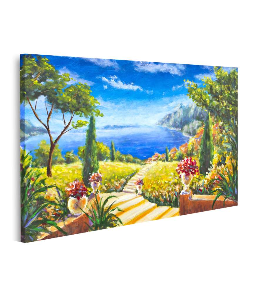 Islandburner Bild auf Leinwand Handgemaltes Wandbild: Sommerlandschaft mit Weg zum Ozean und Blumenvasen