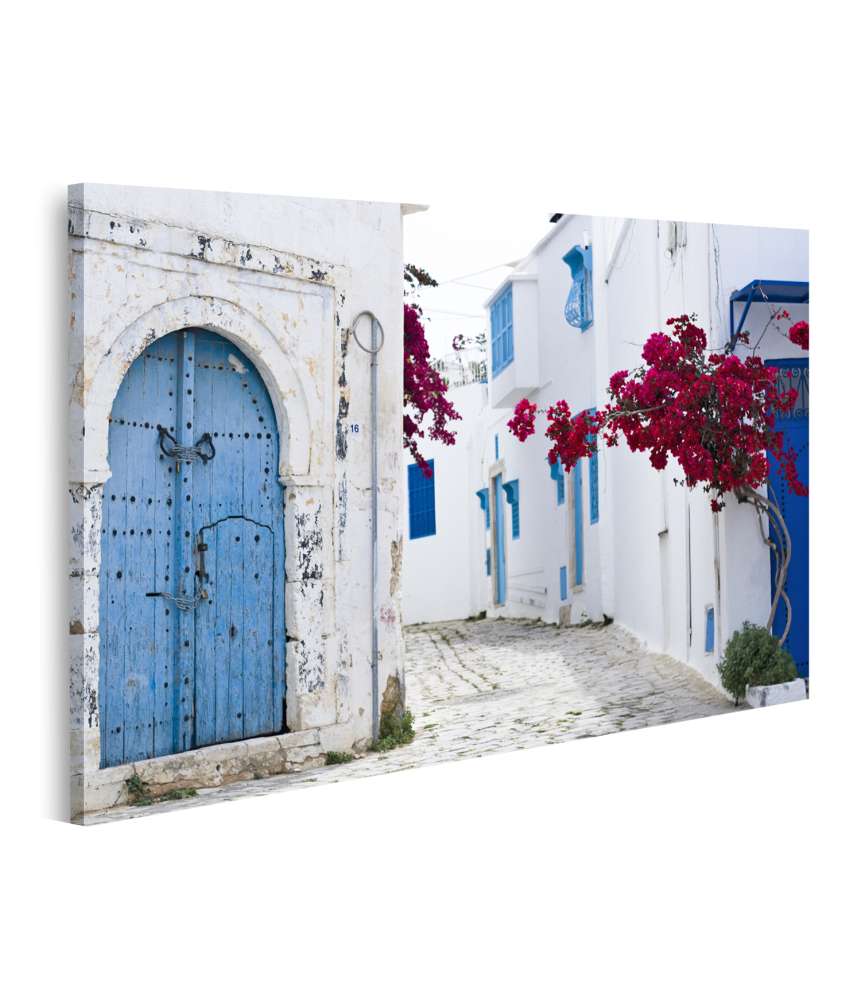 Islandburner Bild auf Leinwand Wandbild von blauen Türen und Fenstern an weißem Gebäude in Sidi Bou Said, Tunesien