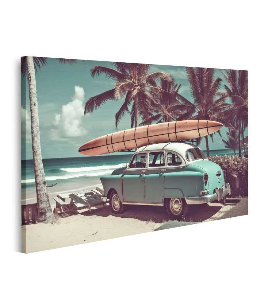 Islandburner Bild auf Leinwand Vintage Auto mit Surfbrett auf einem nostalgischen Wandbild