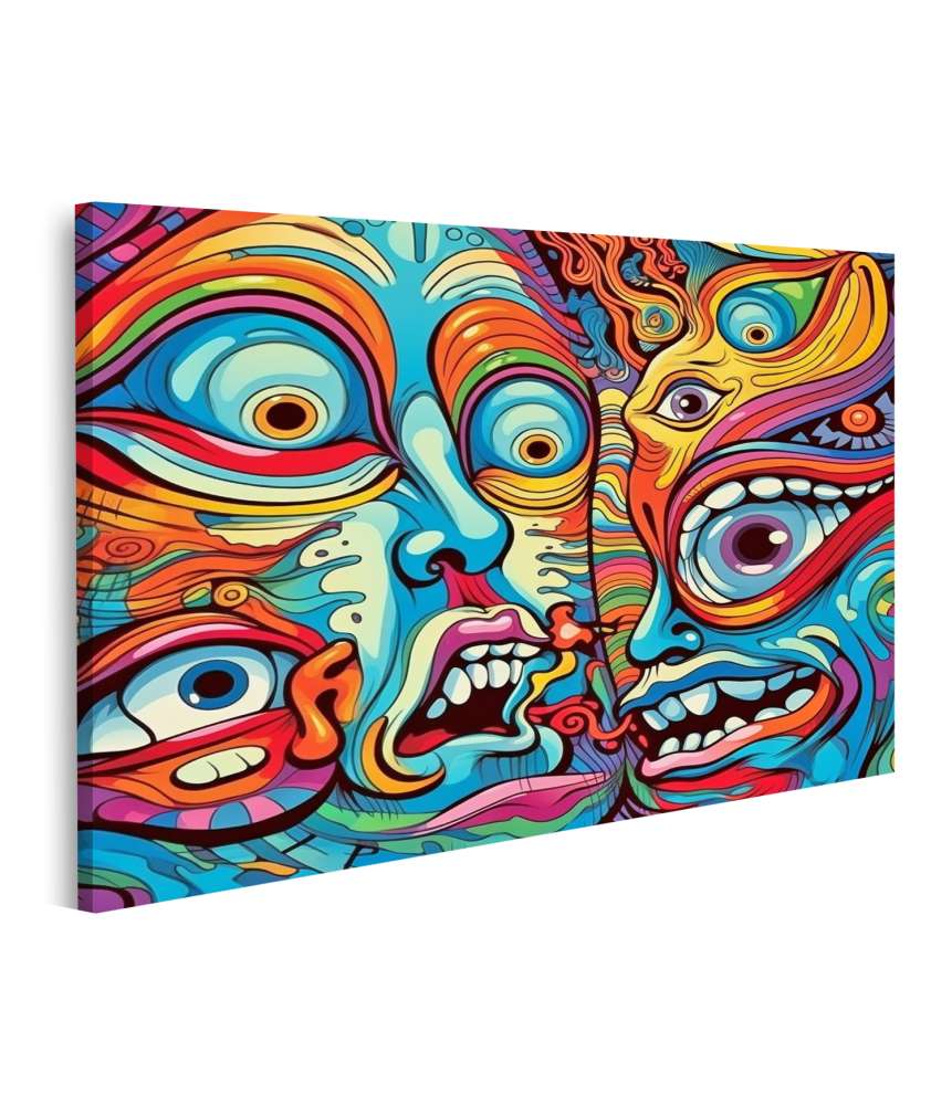 Islandburner Bild auf Leinwand Surreales, psychedelisches Wandbild mit abstrakten, bunten Gesichtern