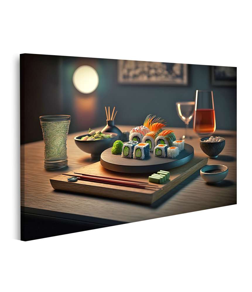 Islandburner Bild auf Leinwand Japanisches Sushi-Roll-Set, serviert auf Restauranttisch, Wandbild