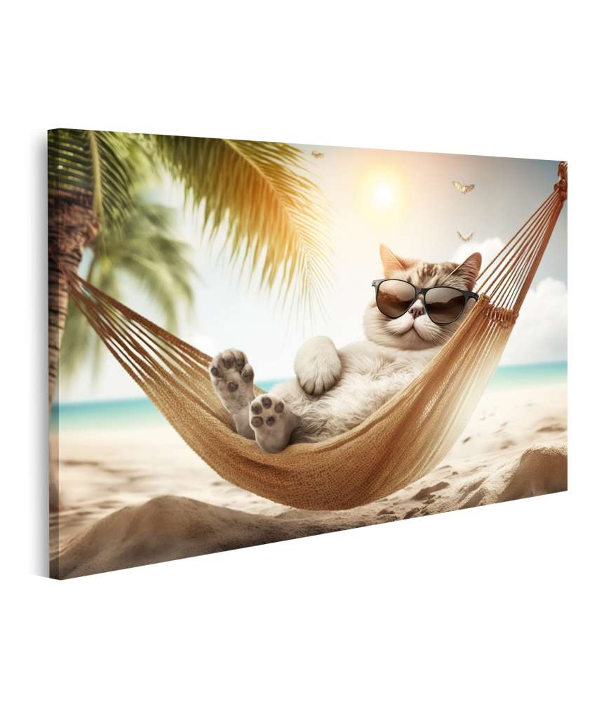 Islandburner Bild auf Leinwand Entspannte Katze mit Sonnenbrille am Strand - Lustiges Haustier-Urlaubsbild