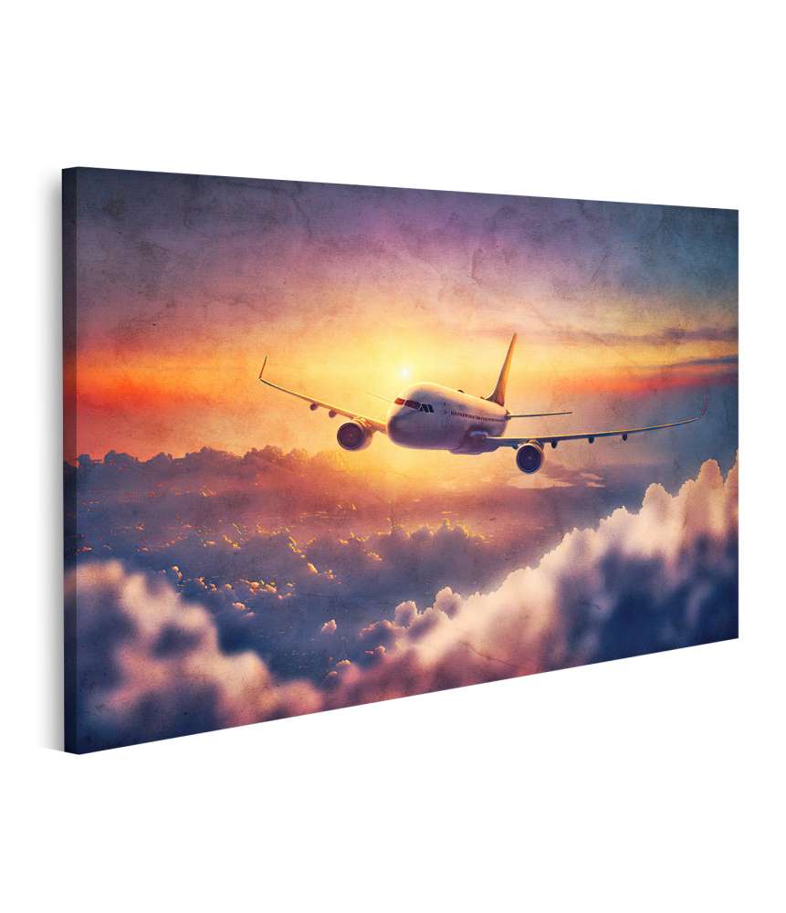 Islandburner Bild auf Leinwand Sonnenuntergang mit fliegendem Flugzeug im Aquarellstil