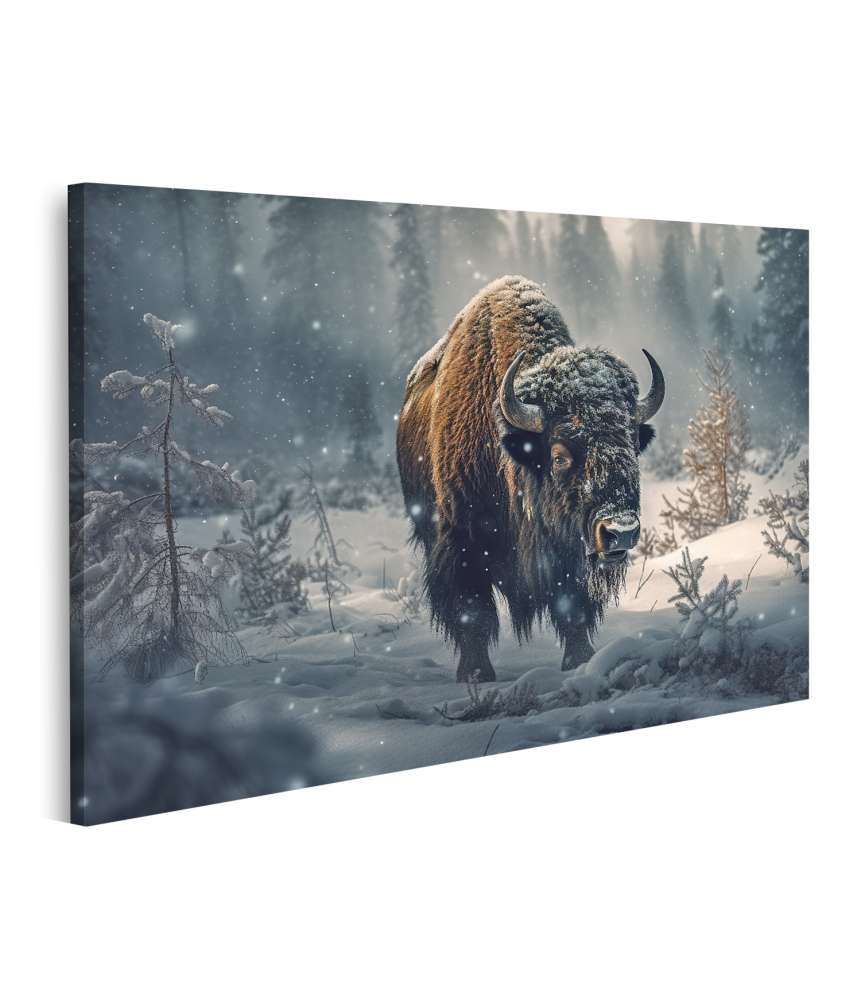 Islandburner Bild auf Leinwand Stehender Bison in schneebedecktem Wald - Wandbild natürlicher Wildtiere