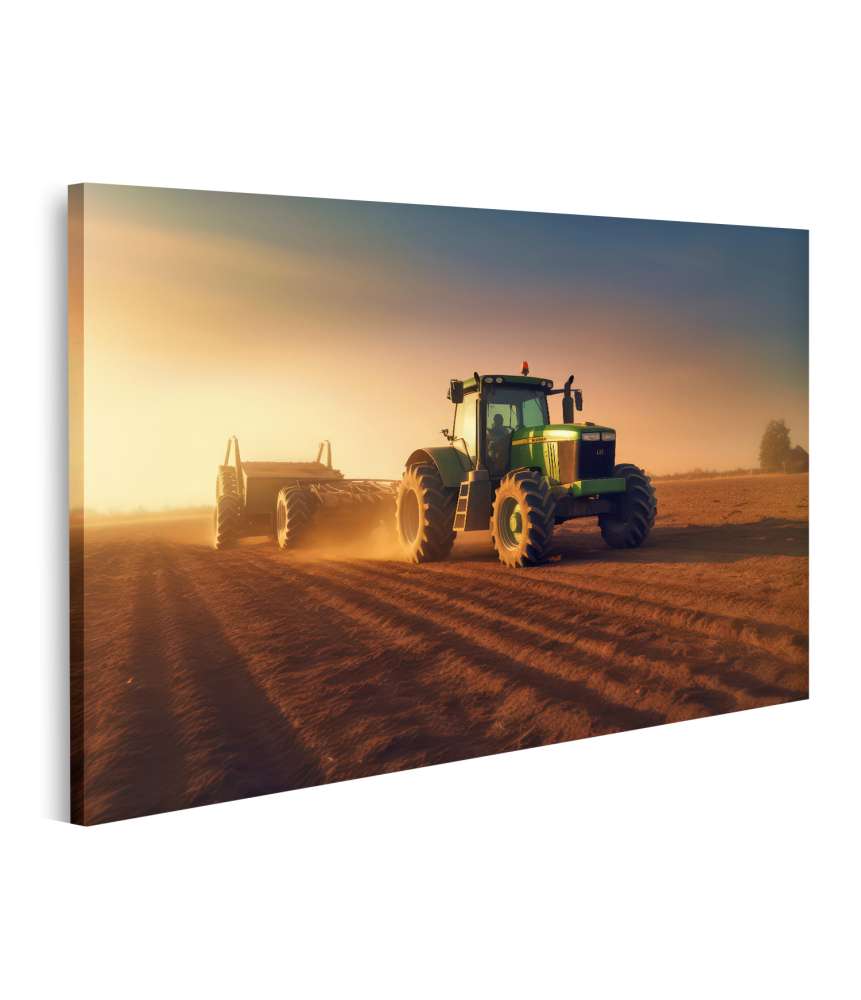 Islandburner Bild auf Leinwand Grüner Traktor auf einem Feld beim Sonnenuntergang