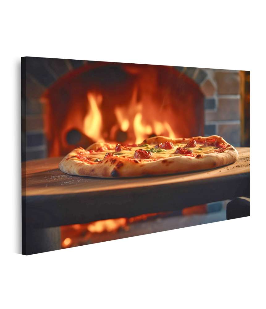 Islandburner Bild auf Leinwand Verlockendes Wandbild einer holzgefeuerten Pizza, serviert auf Holzbrett