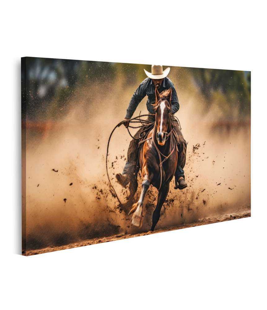 Islandburner Bild auf Leinwand Cowboy mit Hut reitet auf Pferd und schwingt Lasso in Westernlandschaft