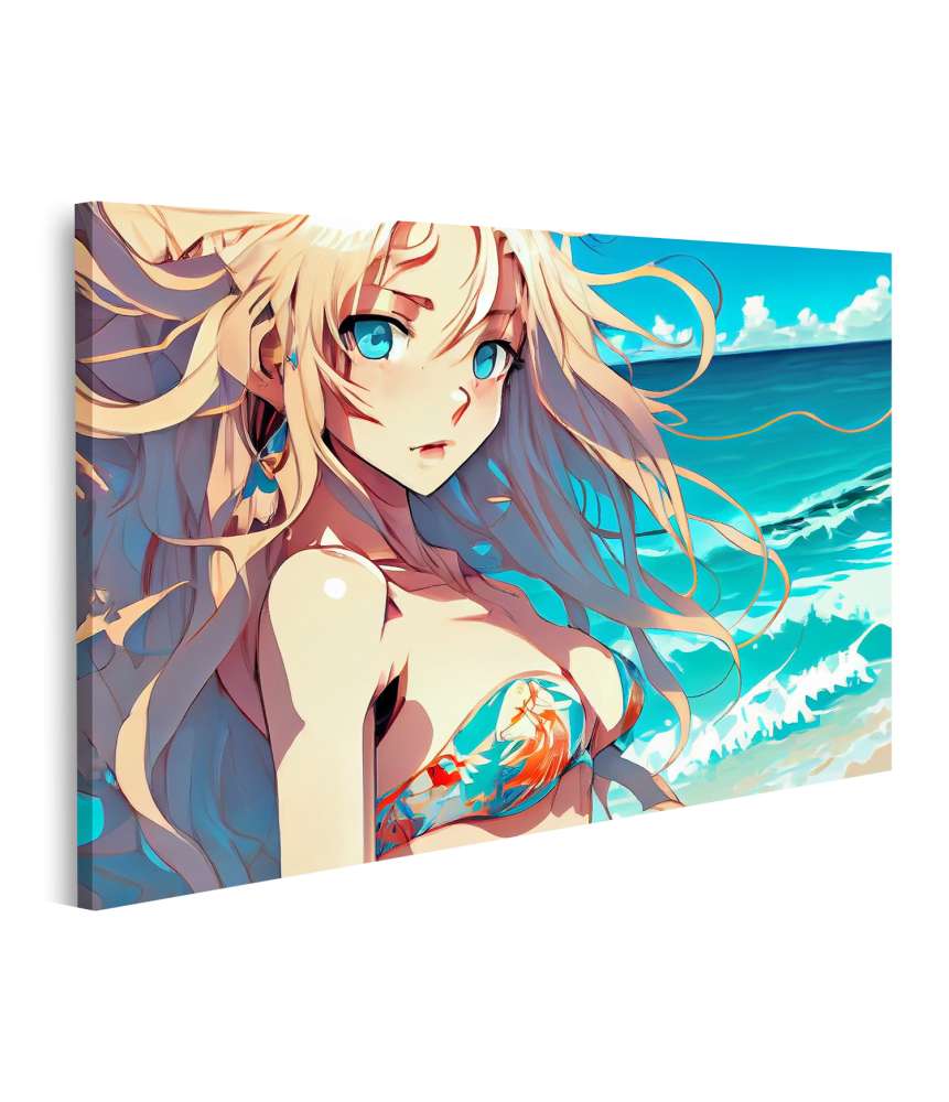 Islandburner Bild auf Leinwand Anime-Mädchen mit langem blauen Haar in Cosplay-Manga-Stil Wandbild